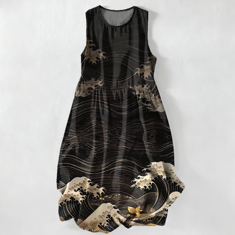 Buddha Stones Sommerliches, lässiges Ukiyoe-Sommerkleid mit Meereswellenmuster, ärmellos, Midi-Länge und Taschen für Damen - Schwarz - US16, UK/AU20, EU48 (3XL) - image 0