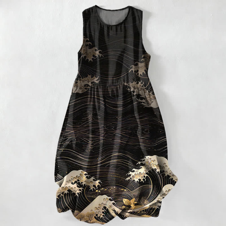 Buddha Stones Sommerliches, lässiges Ukiyoe-Sommerkleid mit Meereswellenmuster, ärmellos, Midi-Länge und Taschen für Damen - Schwarz - US16, UK/AU20, EU48 (3XL) - image 0
