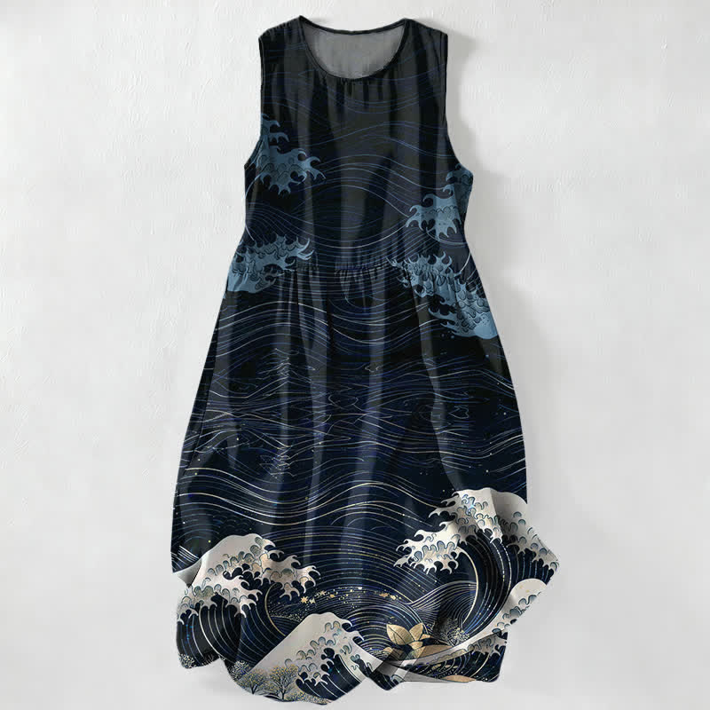 Buddha Stones Sommerliches, lässiges Ukiyoe-Sommerkleid mit Meereswellenmuster, ärmellos, Midi-Länge und Taschen für Damen - Marine - US16, UK/AU20, EU48 (3XL) - image 4