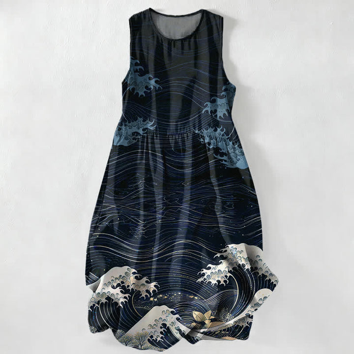 Buddha Stones Sommerliches, lässiges Ukiyoe-Sommerkleid mit Meereswellenmuster, ärmellos, Midi-Länge und Taschen für Damen - Marine - US16, UK/AU20, EU48 (3XL) - image 4