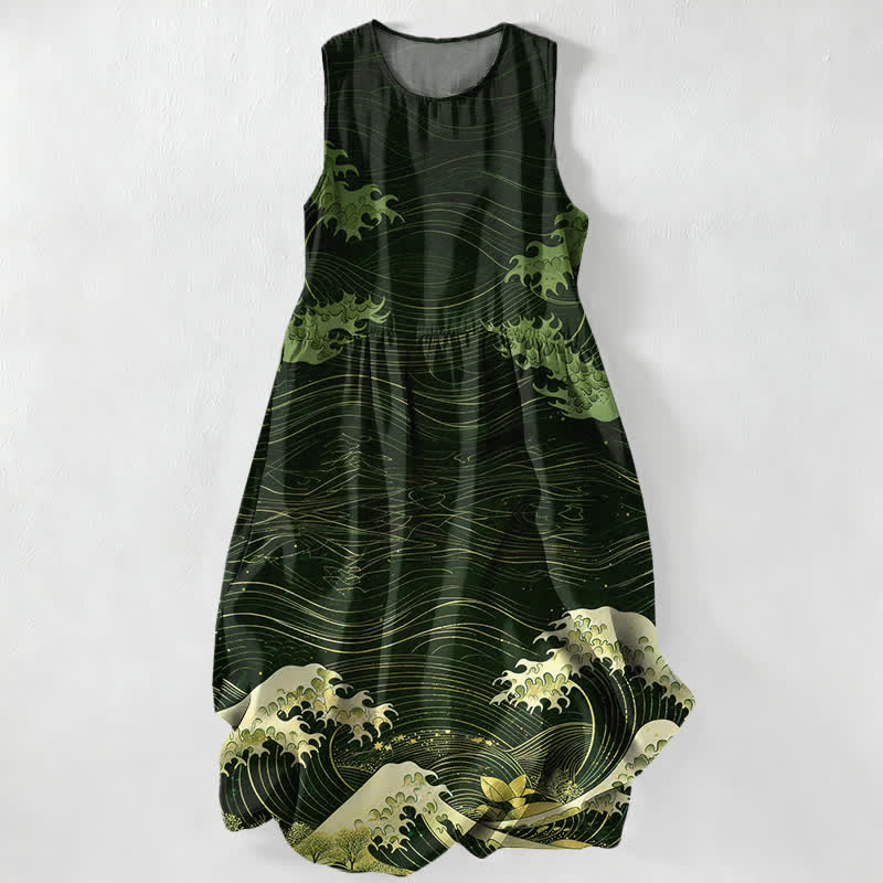 Buddha Stones Sommerliches, lässiges Ukiyoe-Sommerkleid mit Meereswellenmuster, ärmellos, Midi-Länge und Taschen für Damen - Dunkelgrün - US16, UK/AU20, EU48 (3XL) - image 5