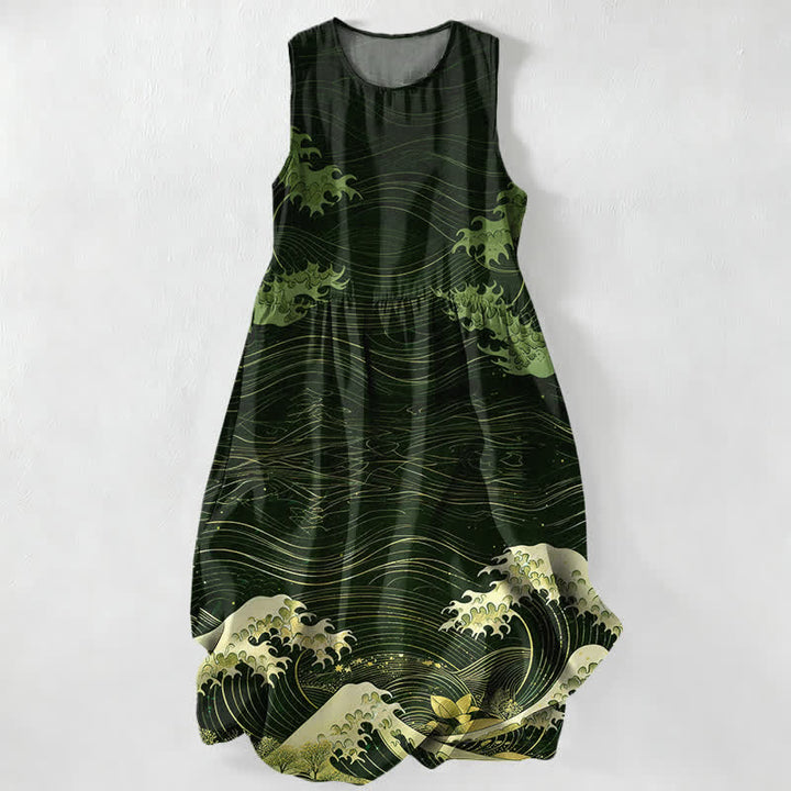 Buddha Stones Sommerliches, lässiges Ukiyoe-Sommerkleid mit Meereswellenmuster, ärmellos, Midi-Länge und Taschen für Damen - Dunkelgrün - US16, UK/AU20, EU48 (3XL) - image 5