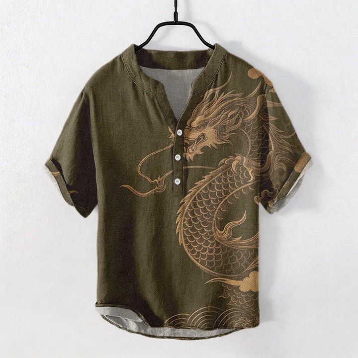 Buddha Stones Kurzarmhemd aus Baumwolle mit goldenem Drachenmuster für Herren, halbknöpfig, kurzärmelig, mit halber Knopfleiste - Olive - US/ UK/AU50, EU60 (5XL) - image 0