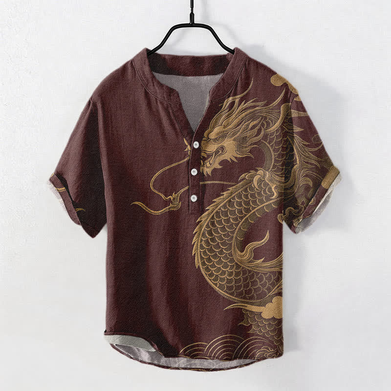 Buddha Stones Kurzarmhemd aus Baumwolle mit goldenem Drachenmuster für Herren, halbknöpfig, kurzärmelig, mit halber Knopfleiste - Kastanienbraun - US/ UK/AU50, EU60 (5XL) - image 5