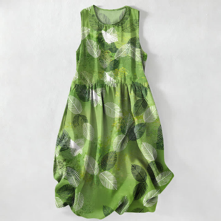 Buddha Stones Lässiges, sommerliches, ärmelloses Midikleid für Damen mit tropischem Blättermuster und Taschen - Gelbgrün - US16, UK/AU20, EU48 (3XL) - image 0