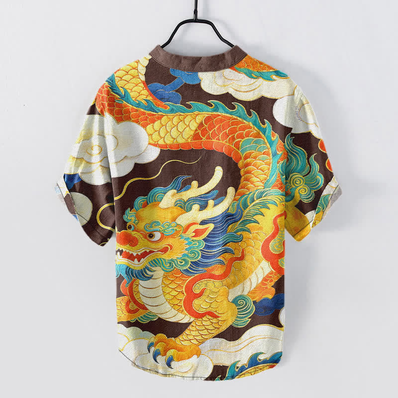 Buddha Stones Kurzarm-Herrenhemd aus Baumwolle mit goldenem Drachen- und Wolkenmuster sowie halber Knopfleiste - image 1