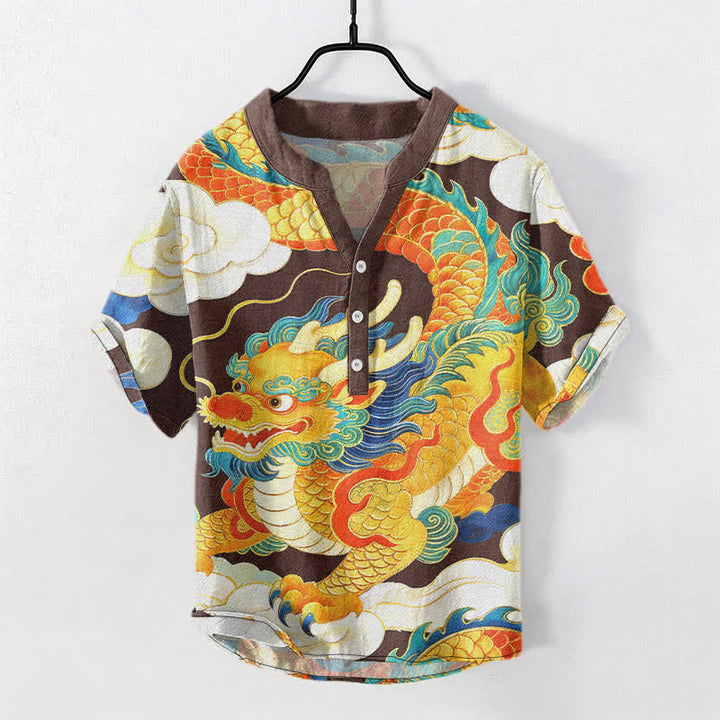 Buddha Stones Kurzarm-Herrenhemd aus Baumwolle mit goldenem Drachen- und Wolkenmuster sowie halber Knopfleiste - Sattelbraun - US/ UK/AU50, EU60 (5XL) - image 0