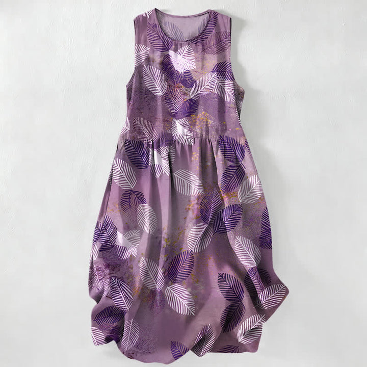 Buddha Stones Lässiges, sommerliches, ärmelloses Midikleid für Damen mit tropischem Blättermuster und Taschen - Pflaume - US16, UK/AU20, EU48 (3XL) - image 5
