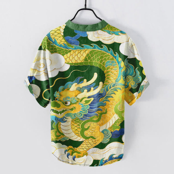 Buddha Stones Kurzarm-Herrenhemd aus Baumwolle mit goldenem Drachen- und Wolkenmuster sowie halber Knopfleiste - image 8