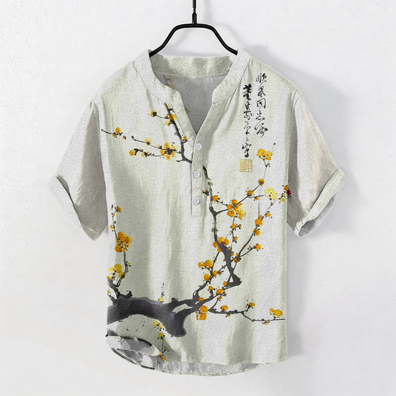 Buddha Stones Kurzarm-Herrenhemd aus Baumwolle mit Pflaumenblütenzweigmuster und Kalligrafie, halber Knopfleiste - Khaki - US/UK/AU50, EU60 (5XL) - image 3