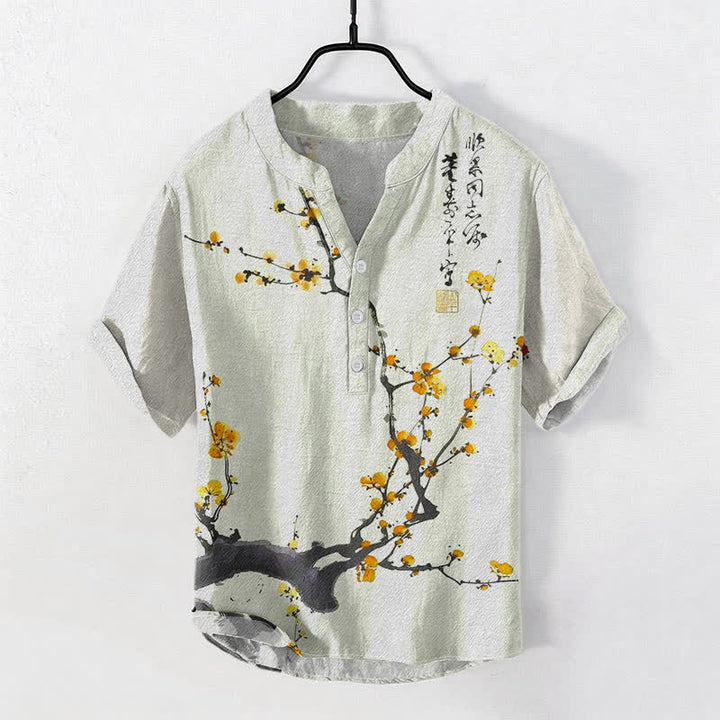 Buddha Stones Kurzarm-Herrenhemd aus Baumwolle mit Pflaumenblütenzweigmuster und Kalligrafie, halber Knopfleiste - Khaki - US/UK/AU50, EU60 (5XL) - image 3