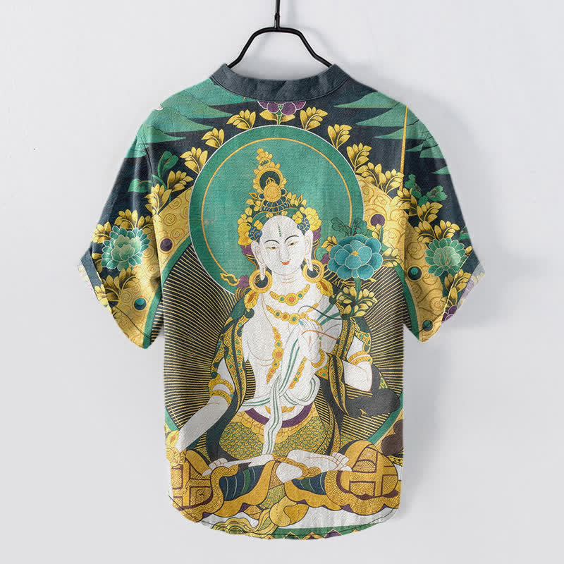 Buddha Stones Kurzarmhemd aus Baumwolle mit strahlendem Buddha-Blumenmuster und halber Knopfleiste für Herren - image 1
