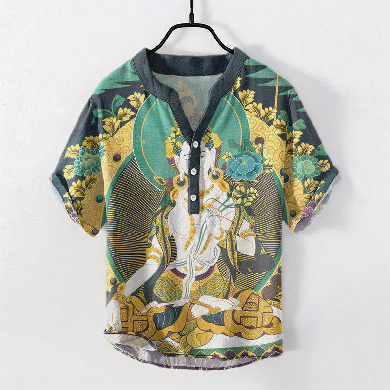 Buddha Stones Kurzarmhemd aus Baumwolle mit strahlendem Buddha-Blumenmuster und halber Knopfleiste für Herren - Hellseegrün - US/ UK/AU50, EU60 (5XL) - image 0