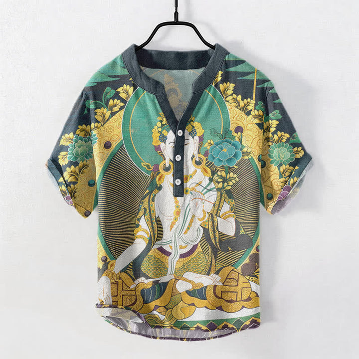 Buddha Stones Kurzarmhemd aus Baumwolle mit strahlendem Buddha-Blumenmuster und halber Knopfleiste für Herren - Hellseegrün - US/ UK/AU50, EU60 (5XL) - image 0