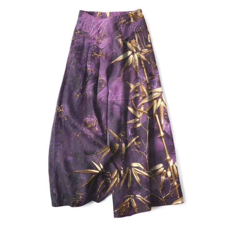 Buddha Stones Damenhose aus Baumwoll-Leinen-Mischgewebe mit goldenem Bambusmuster, elastischem Bund, weitem Bein und Taschen - Blauviolett - US16, UK/AU20, EU48 (3XL) - image 0