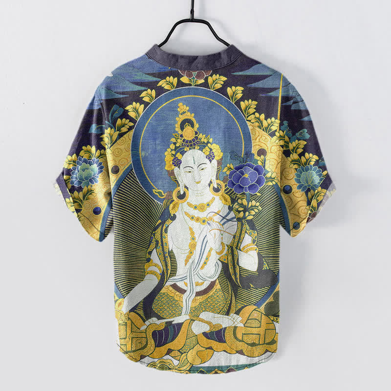Buddha Stones Kurzarmhemd aus Baumwolle mit strahlendem Buddha-Blumenmuster und halber Knopfleiste für Herren - image 6