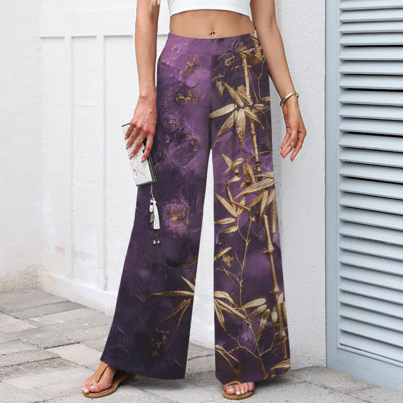 Buddha Stones Damenhose aus Baumwoll-Leinen-Mischgewebe mit goldenem Bambusmuster, elastischem Bund, weitem Bein und Taschen - image 1