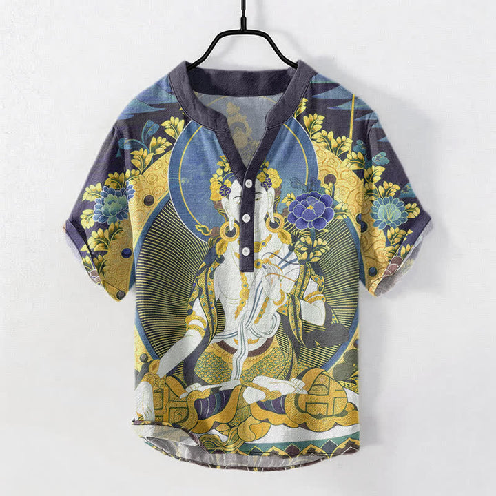 Buddha Stones Kurzarmhemd aus Baumwolle mit strahlendem Buddha-Blumenmuster und halber Knopfleiste für Herren - Kornblumenblau - US/ UK/AU50, EU60 (5XL) - image 5