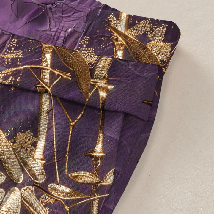 Buddha Stones Damenhose aus Baumwoll-Leinen-Mischgewebe mit goldenem Bambusmuster, elastischem Bund, weitem Bein und Taschen - image 3