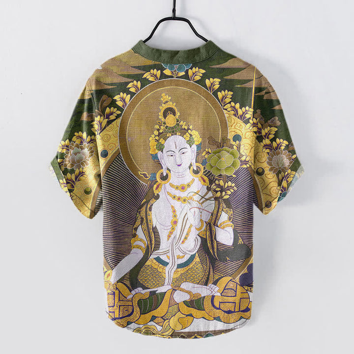 Buddha Stones Kurzarmhemd aus Baumwolle mit strahlendem Buddha-Blumenmuster und halber Knopfleiste für Herren - image 8