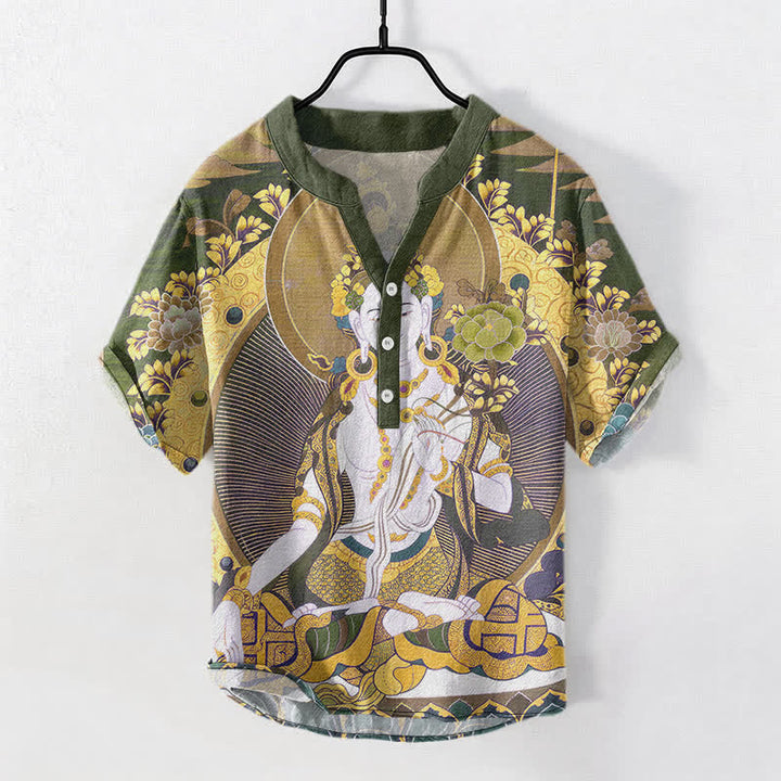 Buddha Stones Kurzarmhemd aus Baumwolle mit strahlendem Buddha-Blumenmuster und halber Knopfleiste für Herren - Dunkelkhaki - US/ UK/AU50, EU60 (5XL) - image 7