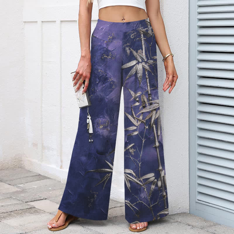 Buddha Stones Damenhose aus Baumwoll-Leinen-Mischgewebe mit goldenem Bambusmuster, elastischem Bund, weitem Bein und Taschen - image 6