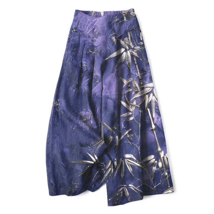 Buddha Stones Damenhose aus Baumwoll-Leinen-Mischgewebe mit goldenem Bambusmuster, elastischem Bund, weitem Bein und Taschen - Indigo - US16, UK/AU20, EU48 (3XL) - image 5
