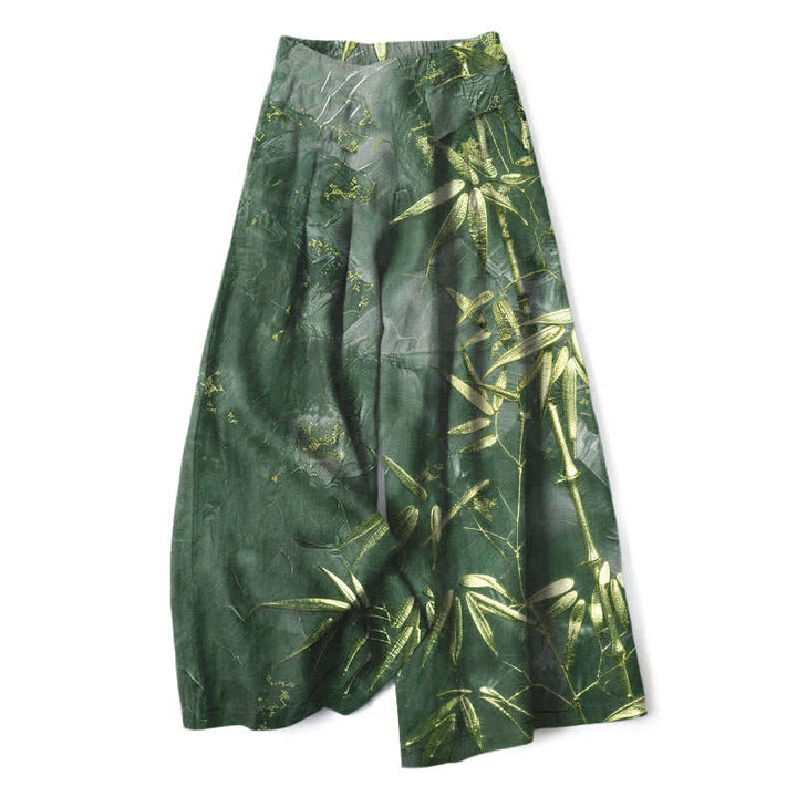 Buddha Stones Damenhose aus Baumwoll-Leinen-Mischgewebe mit goldenem Bambusmuster, elastischem Bund, weitem Bein und Taschen - Waldgrün - US16, UK/AU20, EU48 (3XL) - image 7