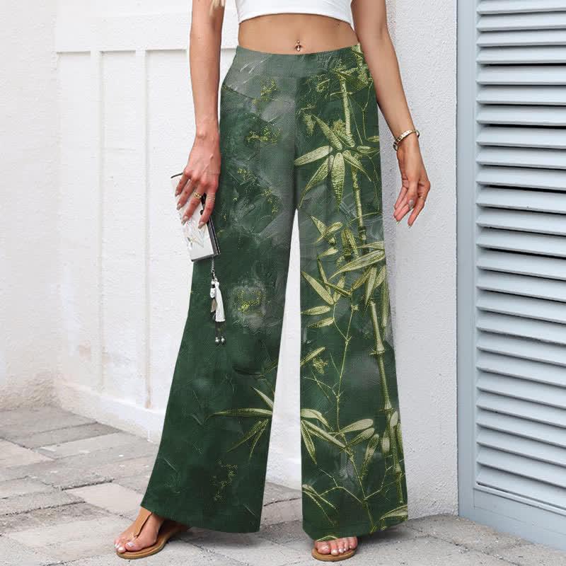 Buddha Stones Damenhose aus Baumwoll-Leinen-Mischgewebe mit goldenem Bambusmuster, elastischem Bund, weitem Bein und Taschen - image 8