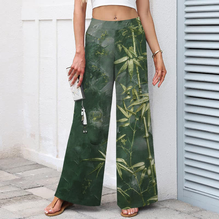 Buddha Stones Damenhose aus Baumwoll-Leinen-Mischgewebe mit goldenem Bambusmuster, elastischem Bund, weitem Bein und Taschen - image 8