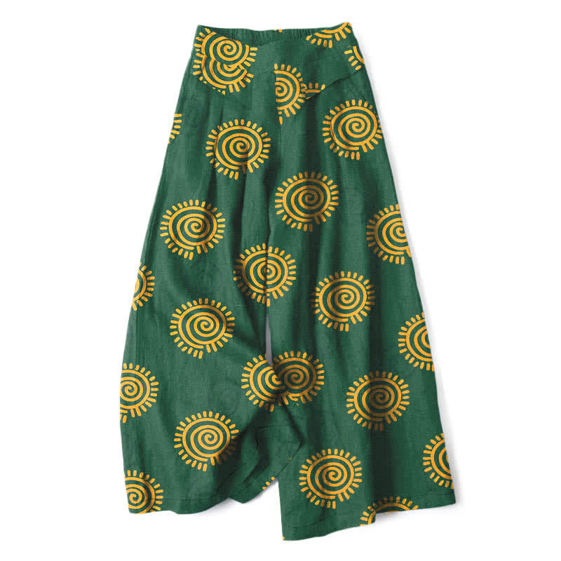 Buddha Stones Baumwoll-Leinen-Hose mit Sonnenspiralmuster, elastischem Bund, weitem Bein und Taschen - Waldgrün - US16, UK/AU20, EU48 (3XL) - image 0