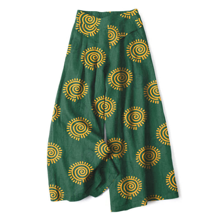 Buddha Stones Baumwoll-Leinen-Hose mit Sonnenspiralmuster, elastischem Bund, weitem Bein und Taschen - Waldgrün - US16, UK/AU20, EU48 (3XL) - image 0