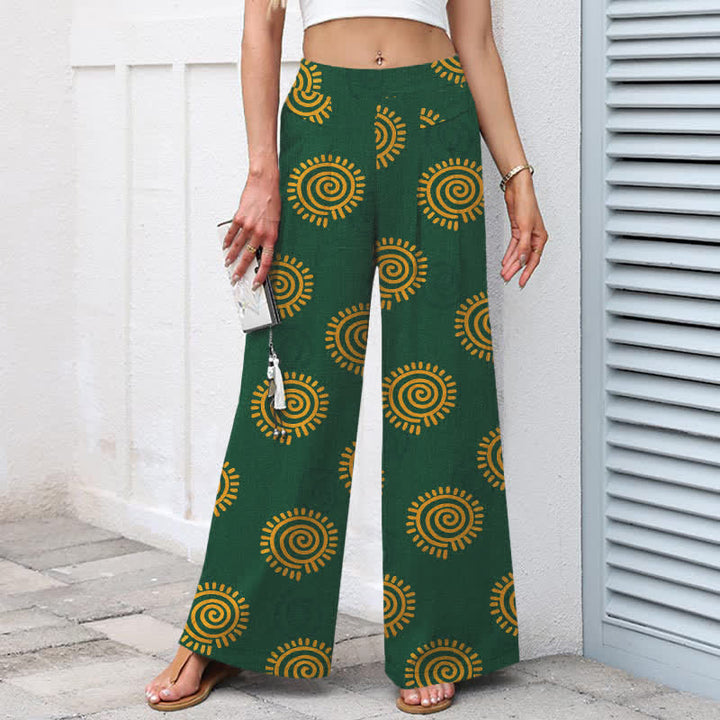 Buddha Stones Baumwoll-Leinen-Hose mit Sonnenspiralmuster, elastischem Bund, weitem Bein und Taschen - image 1
