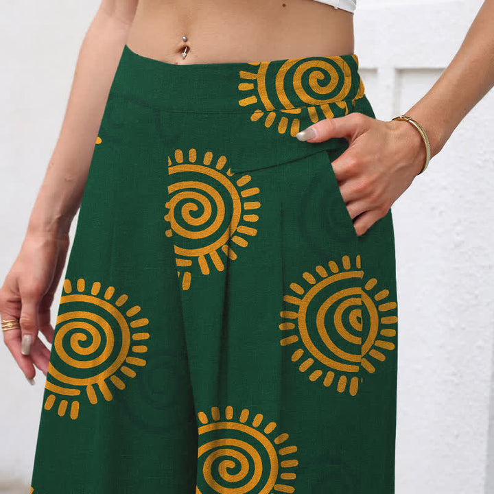 Buddha Stones Baumwoll-Leinen-Hose mit Sonnenspiralmuster, elastischem Bund, weitem Bein und Taschen - image 2