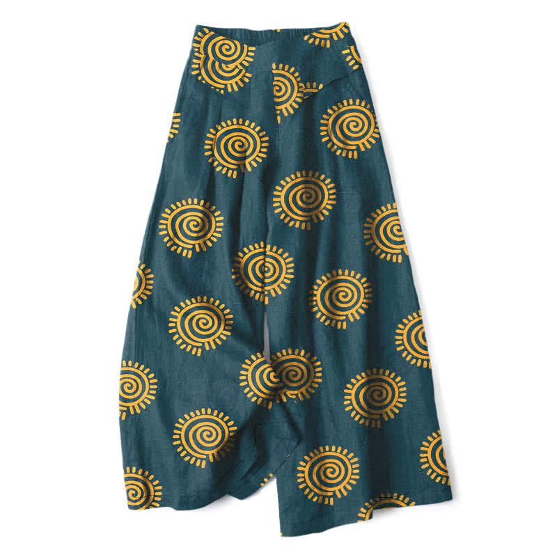 Buddha Stones Baumwoll-Leinen-Hose mit Sonnenspiralmuster, elastischem Bund, weitem Bein und Taschen - Türkis - US16, UK/AU20, EU48 (3XL) - image 5