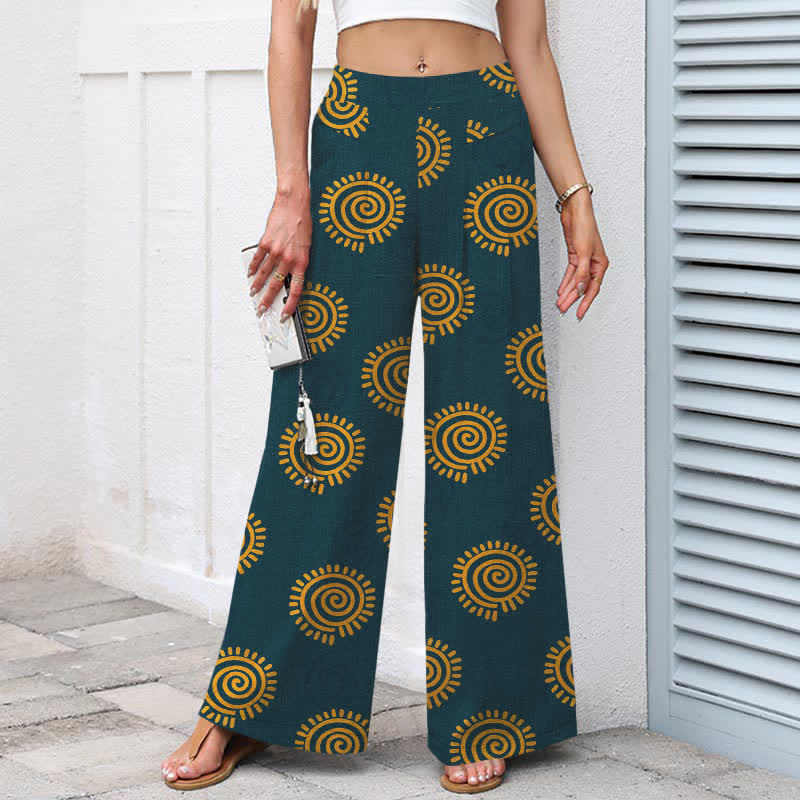Buddha Stones Baumwoll-Leinen-Hose mit Sonnenspiralmuster, elastischem Bund, weitem Bein und Taschen - image 6
