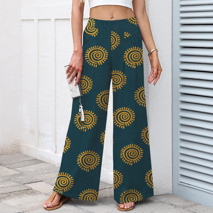 Buddha Stones Baumwoll-Leinen-Hose mit Sonnenspiralmuster, elastischem Bund, weitem Bein und Taschen - image 6