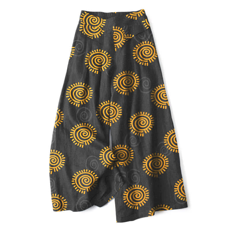 Buddha Stones Baumwoll-Leinen-Hose mit Sonnenspiralmuster, elastischem Bund, weitem Bein und Taschen - Schwarz - US16, UK/AU20, EU48 (3XL) - image 7