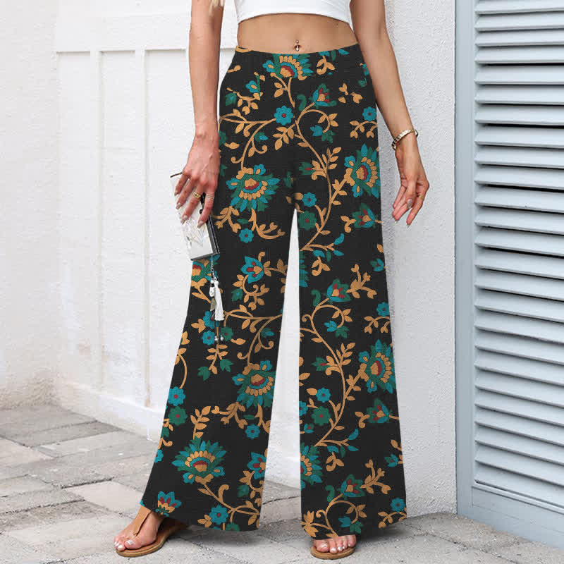 Buddha Stones Baumwoll-Leinen-Hose mit türkisfarbenem Ranken- und Blumenmuster, elastischem Bund, weitem Bein und Taschen - image 1