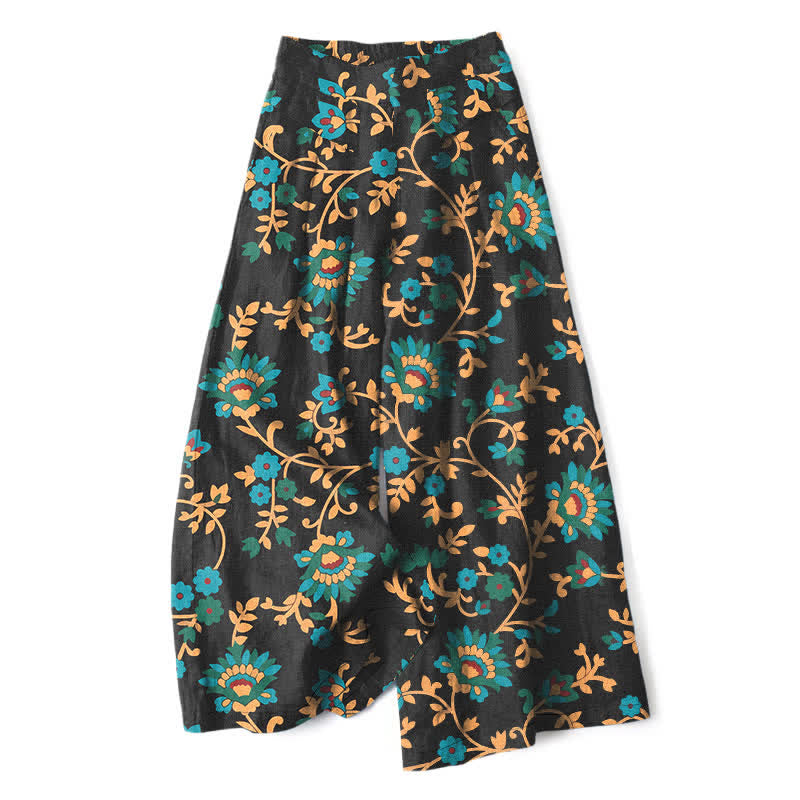 Buddha Stones Baumwoll-Leinen-Hose mit türkisfarbenem Ranken- und Blumenmuster, elastischem Bund, weitem Bein und Taschen - Schwarz - US16, UK/AU20, EU48 (3XL) - image 0
