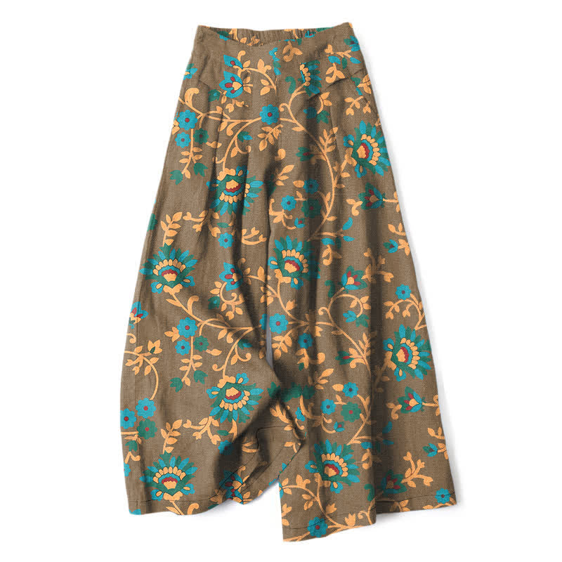 Buddha Stones Baumwoll-Leinen-Hose mit türkisfarbenem Ranken- und Blumenmuster, elastischem Bund, weitem Bein und Taschen - Dunkelkhaki - US16, UK/AU20, EU48 (3XL) - image 5
