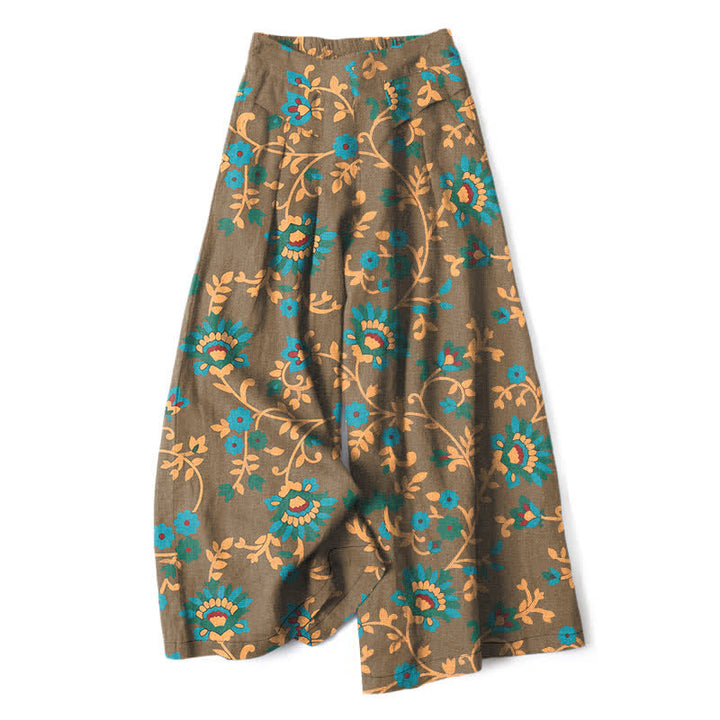 Buddha Stones Baumwoll-Leinen-Hose mit türkisfarbenem Ranken- und Blumenmuster, elastischem Bund, weitem Bein und Taschen - Dunkelkhaki - US16, UK/AU20, EU48 (3XL) - image 5