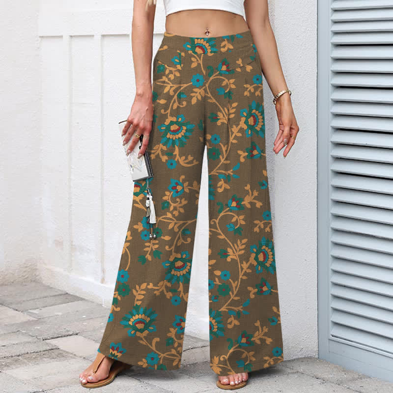 Buddha Stones Baumwoll-Leinen-Hose mit türkisfarbenem Ranken- und Blumenmuster, elastischem Bund, weitem Bein und Taschen - image 6
