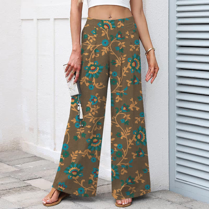 Buddha Stones Baumwoll-Leinen-Hose mit türkisfarbenem Ranken- und Blumenmuster, elastischem Bund, weitem Bein und Taschen - image 6