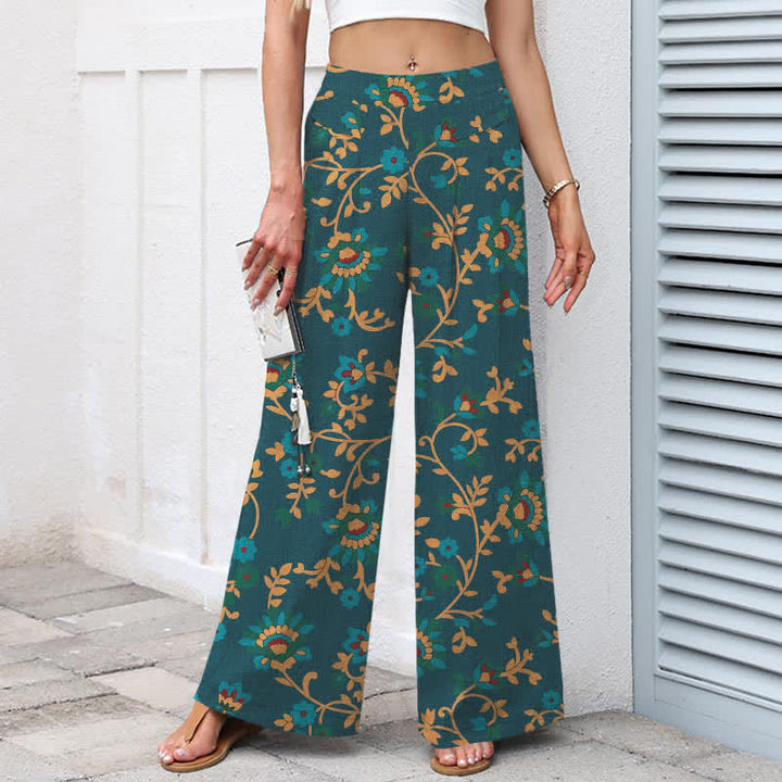 Buddha Stones Baumwoll-Leinen-Hose mit türkisfarbenem Ranken- und Blumenmuster, elastischem Bund, weitem Bein und Taschen - image 8