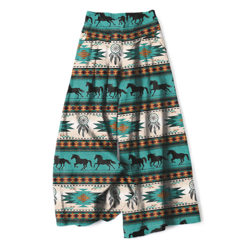 Buddha Stones Baumwoll-Leinen-Hose mit Pferde-Traumfänger-Muster, elastischem Bund, weitem Bein und Taschen - Türkis - US16, UK/AU20, EU48 (3XL) - image 0