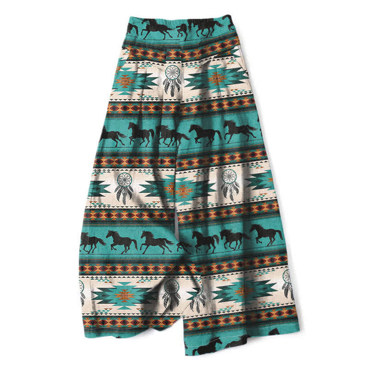 Buddha Stones Baumwoll-Leinen-Hose mit Pferde-Traumfänger-Muster, elastischem Bund, weitem Bein und Taschen - Türkis - US16, UK/AU20, EU48 (3XL) - image 0