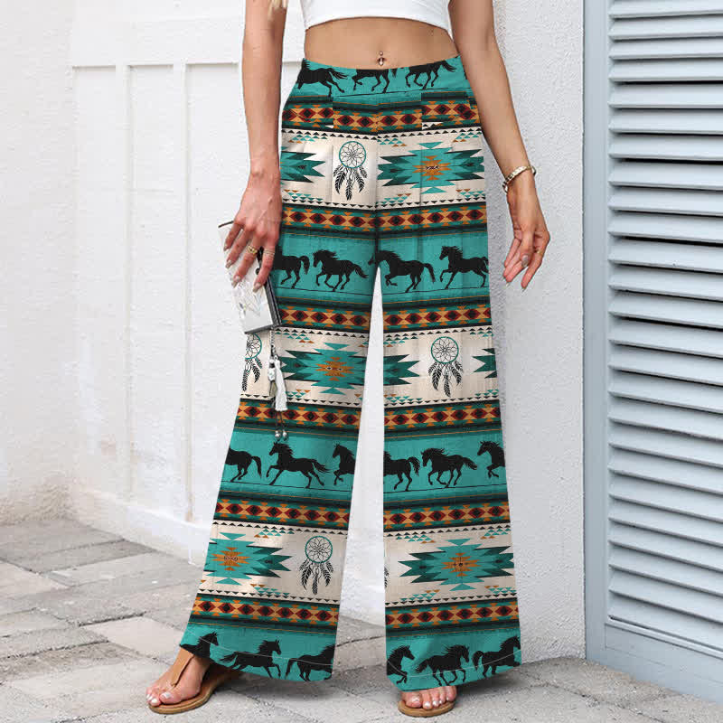 Buddha Stones Baumwoll-Leinen-Hose mit Pferde-Traumfänger-Muster, elastischem Bund, weitem Bein und Taschen - image 1