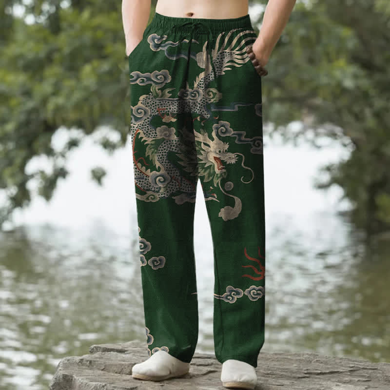 Buddha Stones Herrenhose aus Baumwolle mit Drachen- und Wolkenmuster, schmal zulaufend und mit Taschen - Dunkelgrün - US/ UK/AU50, EU60 (5XL) - image 4