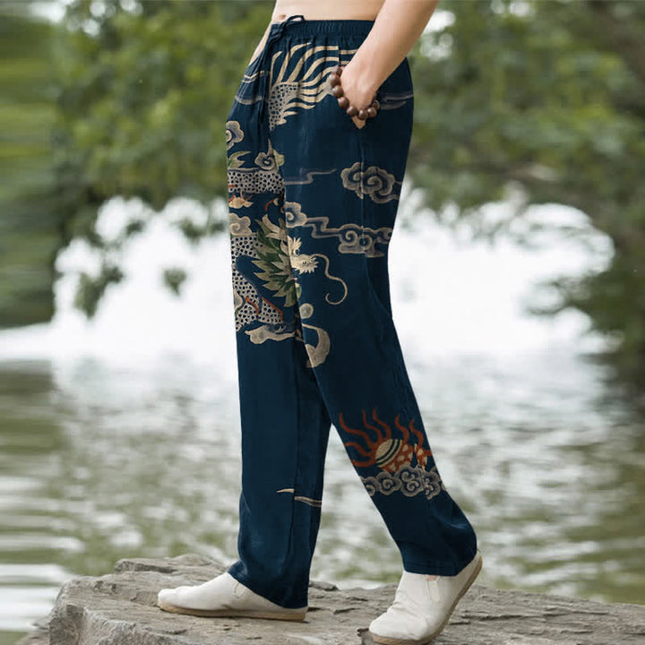 Buddha Stones Herrenhose aus Baumwolle mit Drachen- und Wolkenmuster, schmal zulaufend und mit Taschen - image 7